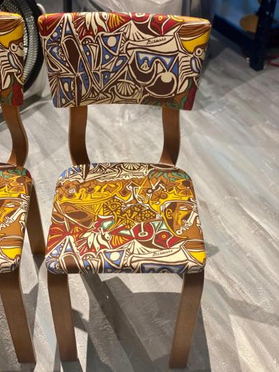 Pablo Picasso Midcentury Thonet Bentwood Side Chairs with Pablo Picasso LTD Edition Fabric
