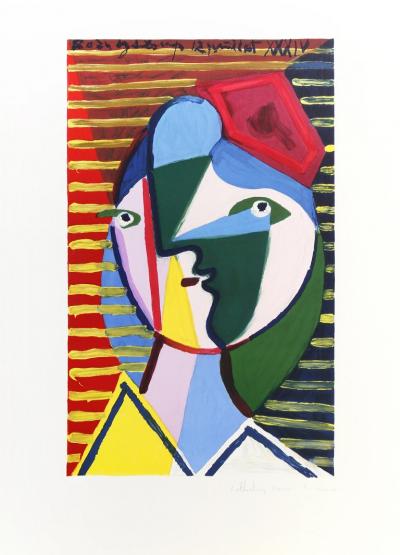 Pablo Picasso Visage de Femme sur Fond Raye