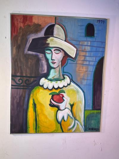 Pablo Picasso WOMAN WITH HAT AND APPLE NEAR CASTLE PAINTING IN THE VEIN OF PICASSO