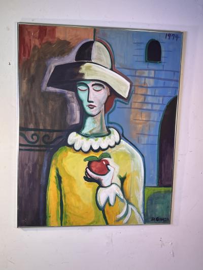 Pablo Picasso WOMAN WITH HAT AND APPLE NEAR CASTLE PAINTING IN THE VEIN OF PICASSO