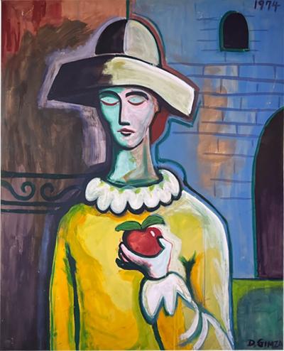 Pablo Picasso WOMAN WITH HAT AND APPLE NEAR CASTLE PAINTING IN THE VEIN OF PICASSO