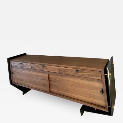 Pablo Romo Custom Cut Modern Floating Credenza in Walnut Bronze Leather by AMBIANIC