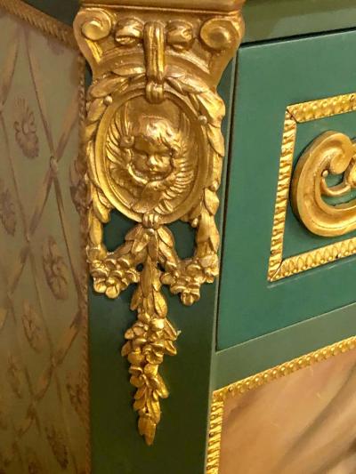 Paint Decorated Hollywood Regency Marble Top Commodes Manner of M Jansen Pair