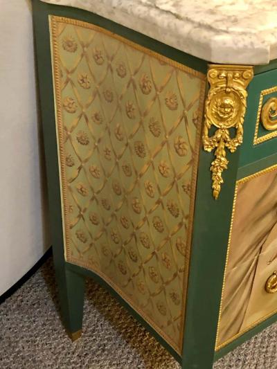 Paint Decorated Hollywood Regency Marble Top Commodes Manner of M Jansen Pair