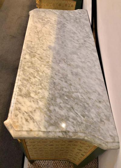 Paint Decorated Hollywood Regency Marble Top Commodes Manner of M Jansen Pair