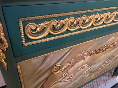 Paint Decorated Hollywood Regency Marble Top Commodes Manner of M Jansen Pair