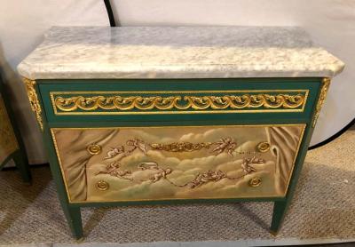 Paint Decorated Hollywood Regency Marble Top Commodes Manner of M Jansen Pair