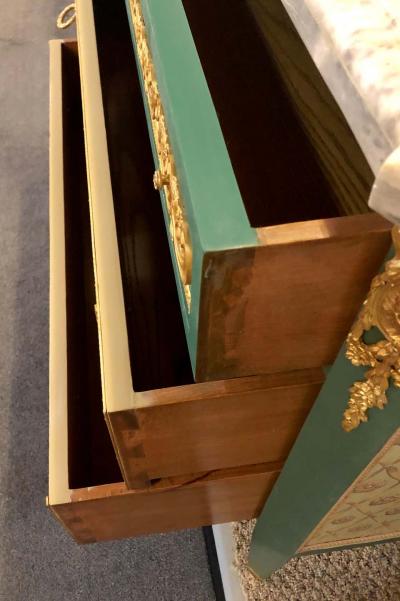 Paint Decorated Hollywood Regency Marble Top Commodes Manner of M Jansen Pair