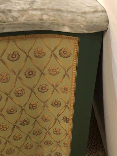 Paint Decorated Hollywood Regency Marble Top Commodes Manner of M Jansen Pair
