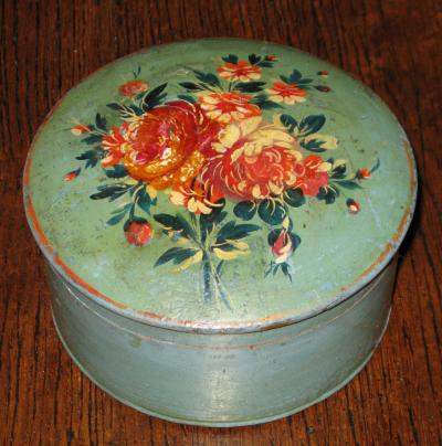 Painted Blue and Green Box with Floral Bouquet Decorated Lid
