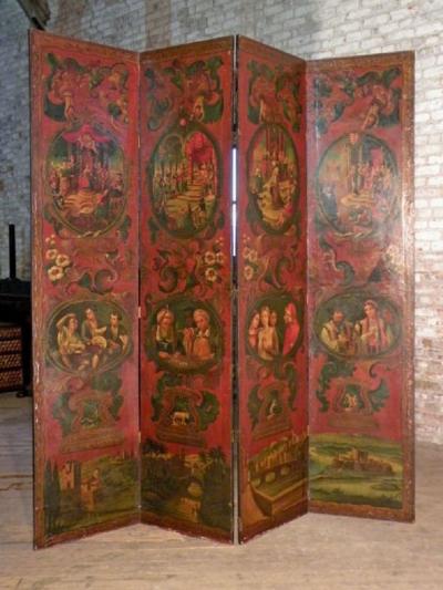 Painted Four Panel Floor Screen