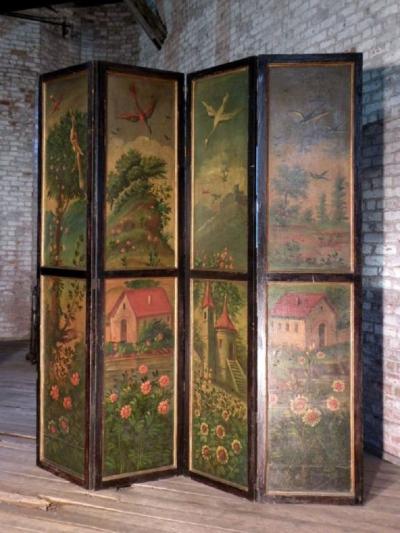 Painted Four Panel Floor Screen