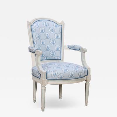 Painted French Louis XVI style open armchair with new fabric circa 1900 