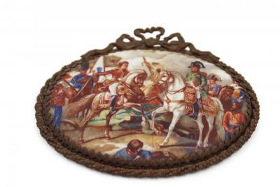 Painted Porcelain Plaque of Napoleon in a Battle Scene in Gilt Bow Knot Frame