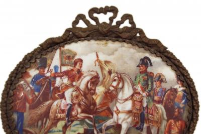 Painted Porcelain Plaque of Napoleon in a Battle Scene in Gilt Bow Knot Frame