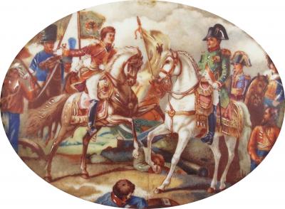 Painted Porcelain Plaque of Napoleon in a Battle Scene in Gilt Bow Knot Frame