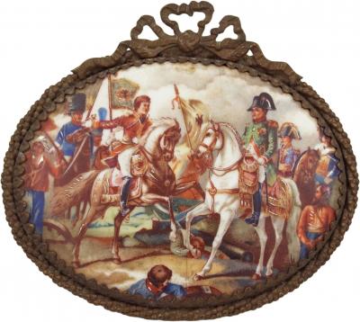 Painted Porcelain Plaque of Napoleon in a Battle Scene in Gilt Bow Knot Frame