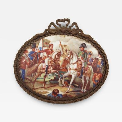 Painted Porcelain Plaque of Napoleon in a Battle Scene in Gilt Bow Knot Frame