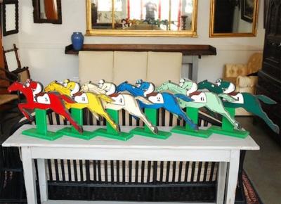 Painted Wood Horse Racing Figures