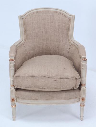 Painted and gilt Louis XVI style bergere chairs circa 1950 