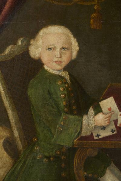 Painting of a Boy Building a House of Cards Accompanied by his Mastiff