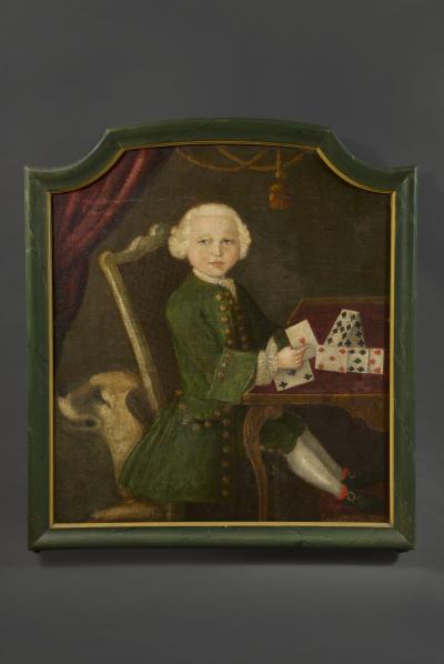 Painting of a Boy Building a House of Cards Accompanied by his Mastiff