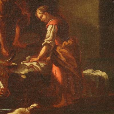 Painting of the Roman school of the 17th century landscape with pastoral scene