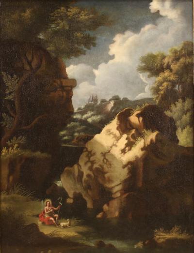 Painting wooded landscape with St John the Baptist from 18th century