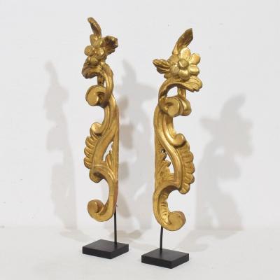 Pair 18th Century Italian Hand Carved Giltwood Baroque Curl Ornaments