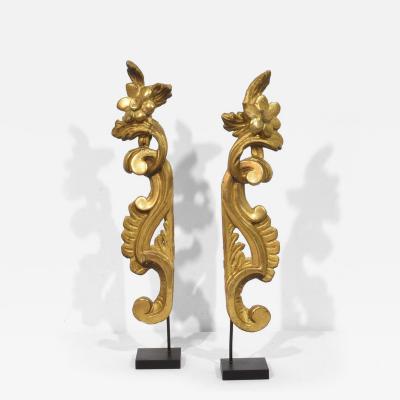 Pair 18th Century Italian Hand Carved Giltwood Baroque Curl Ornaments