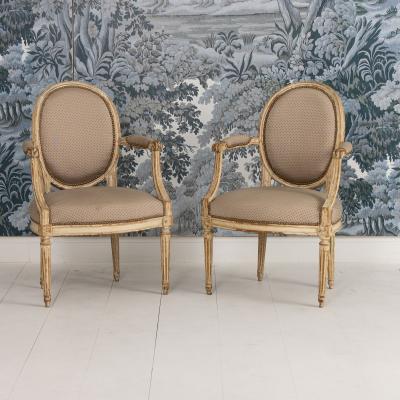 Pair 18th c French Louis XVI Fauteuils in Original Paint Signed