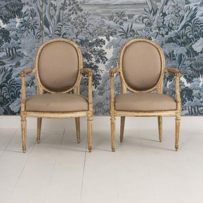 Pair 18th c French Louis XVI Fauteuils in Original Paint Signed
