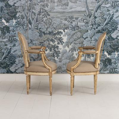 Pair 18th c French Louis XVI Fauteuils in Original Paint Signed