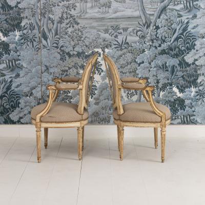 Pair 18th c French Louis XVI Fauteuils in Original Paint Signed