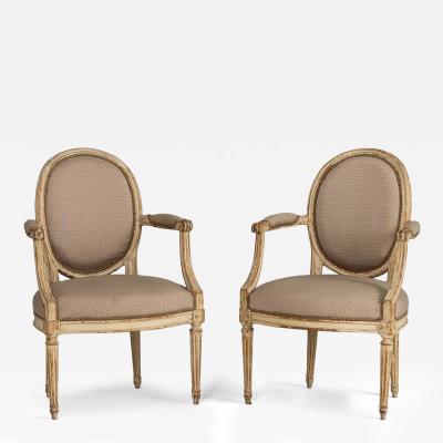 Pair 18th c French Louis XVI Fauteuils in Original Paint Signed