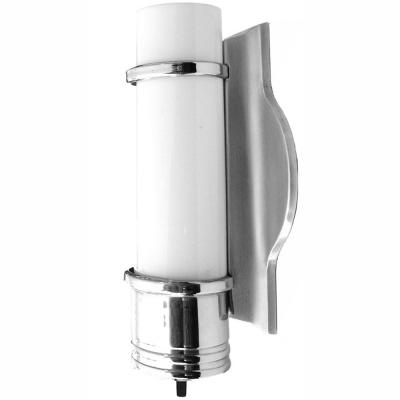 Pair 1930s Streamline Art Deco Wall Sconces With White Tubular Glass Inserts