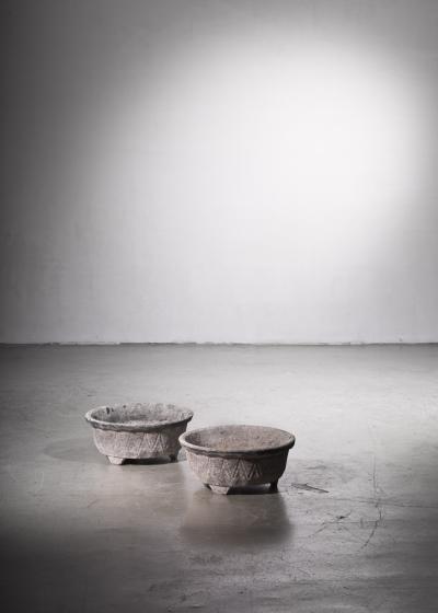 Pair 1950s French Stone Outdoor Garden Pots Planters
