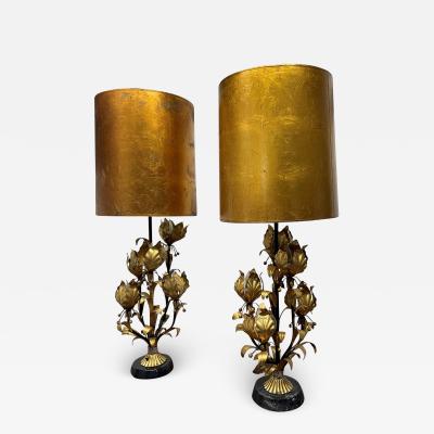 Pair 1950s Italian Gilt Metal Floral Lamps
