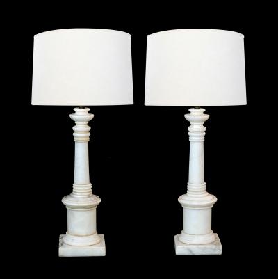 Pair 1950s White Marble Columnar Lamps in the Neoclassical Taste