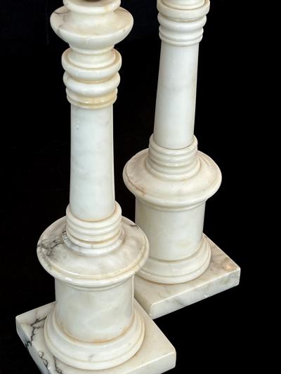 Pair 1950s White Marble Columnar Lamps in the Neoclassical Taste