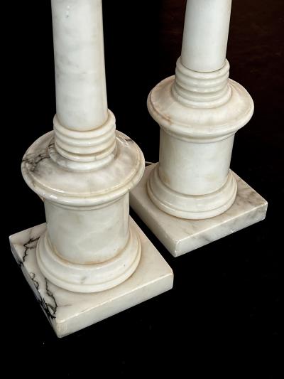 Pair 1950s White Marble Columnar Lamps in the Neoclassical Taste