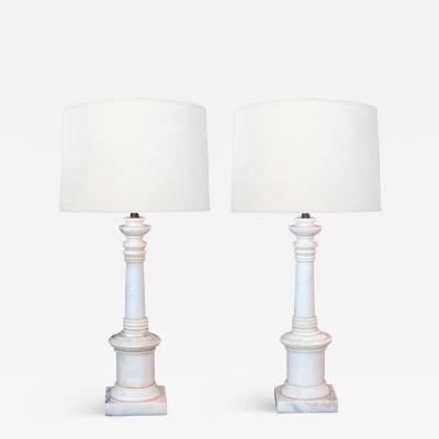Pair 1950s White Marble Columnar Lamps in the Neoclassical Taste
