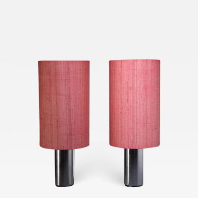 Pair 1960s Brushed Aluminum Table Or Console Lamps With Fabric Shades