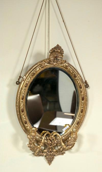 Pair 19th C Mirror Oval Sconces Giltwood Design With Two Candle On Each Mirror