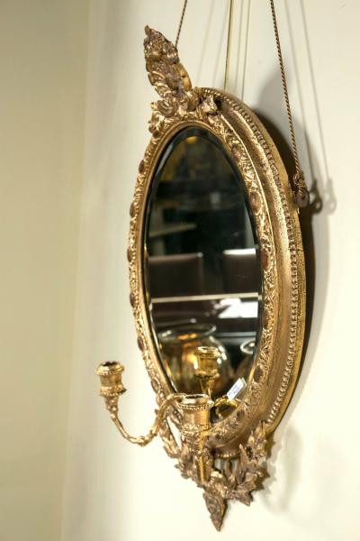 Pair 19th C Mirror Oval Sconces Giltwood Design With Two Candle On Each Mirror