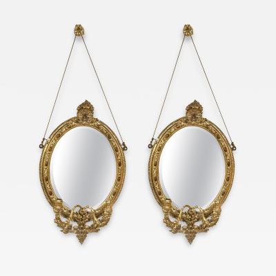 Pair 19th C Mirror Oval Sconces Giltwood Design With Two Candle On Each Mirror