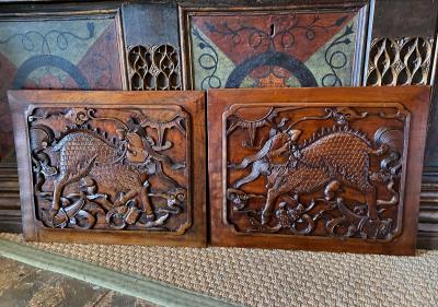 Pair 19th Century Chinese Carved Hardwood Plaques
