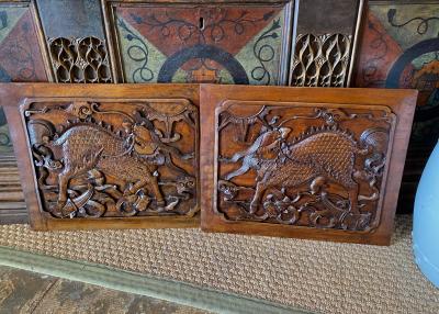 Pair 19th Century Chinese Carved Hardwood Plaques