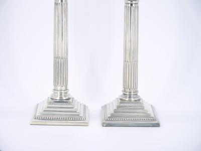Pair 19th Century English Silverplate Neoclassical Column Form Candlesticks