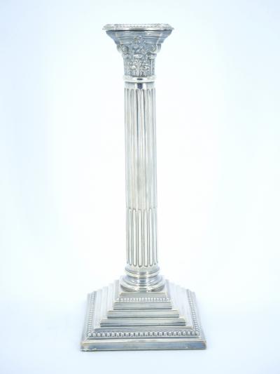 Pair 19th Century English Silverplate Neoclassical Column Form Candlesticks